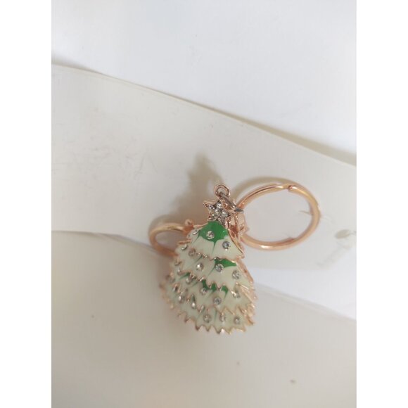 Rhinestone & Gold Tone Christmas Tree Key Chain Hand Painted 2" x 1 3/8" - Picture 4 of 10